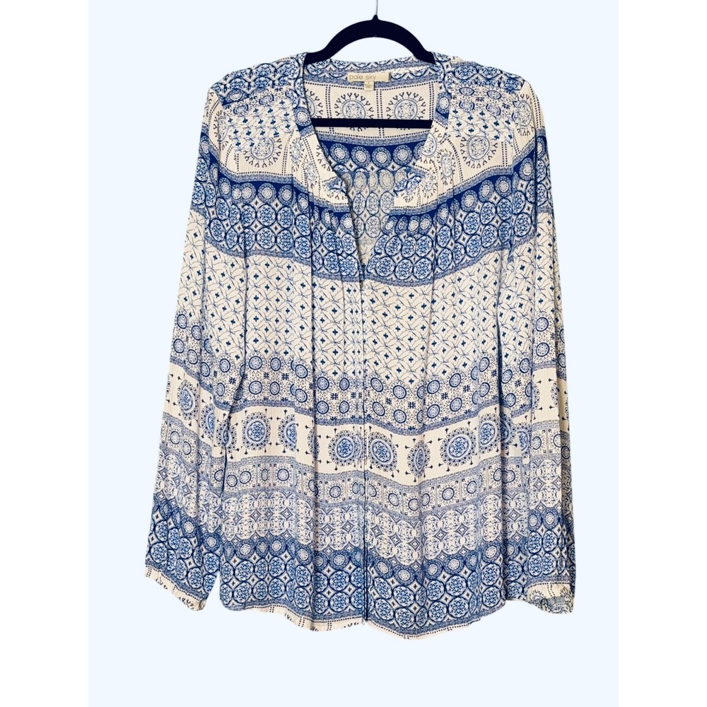 Pale Sky Medallion Blouse Large Blue Cream Boho Split Neck Long Sleeve